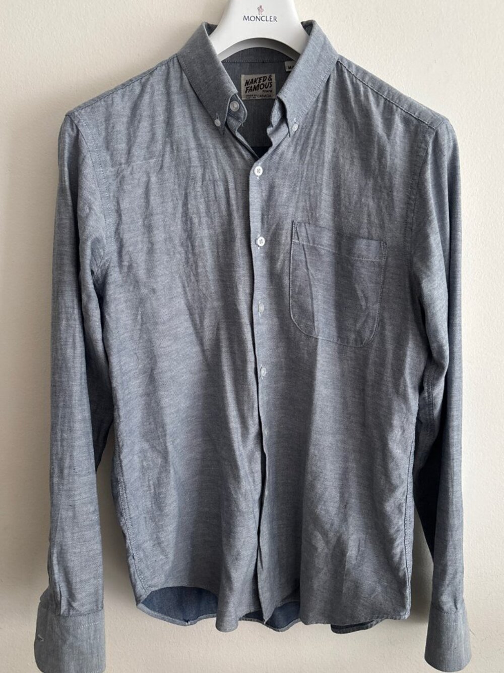 $250 Naked & Famous Flecked Blue Cotton Chambray Button Down Shirt -Small/Medium